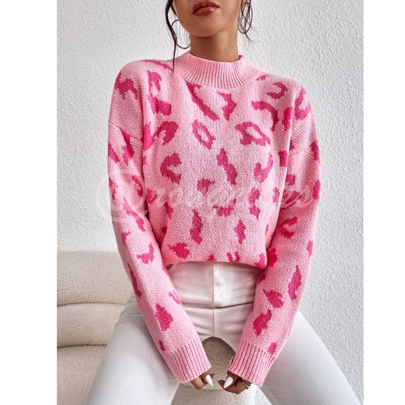 Pink Cheetah Leopard Animal Print Knit Sweater Pullover Long Sleeve - Picture 3 of 7